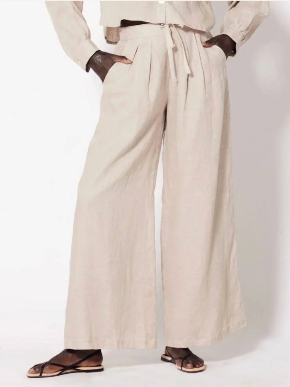 Cleobella Natural-Tone Linen Set - Wide Leg Pants and Cropped Top - Picture 4 of 4